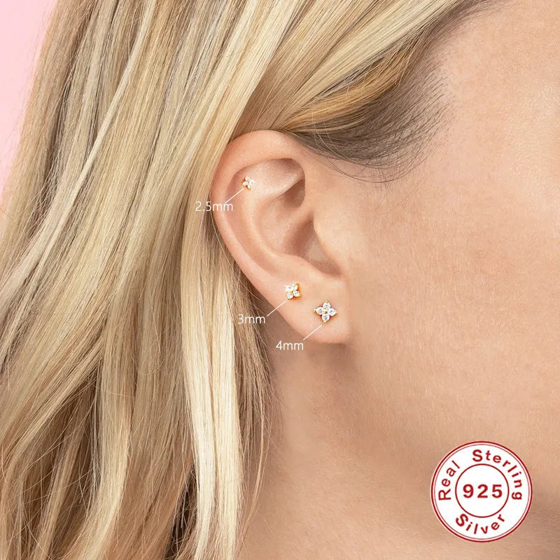 S925 sterling silver stud earrings with geometric crystal petal flowers in gold finish