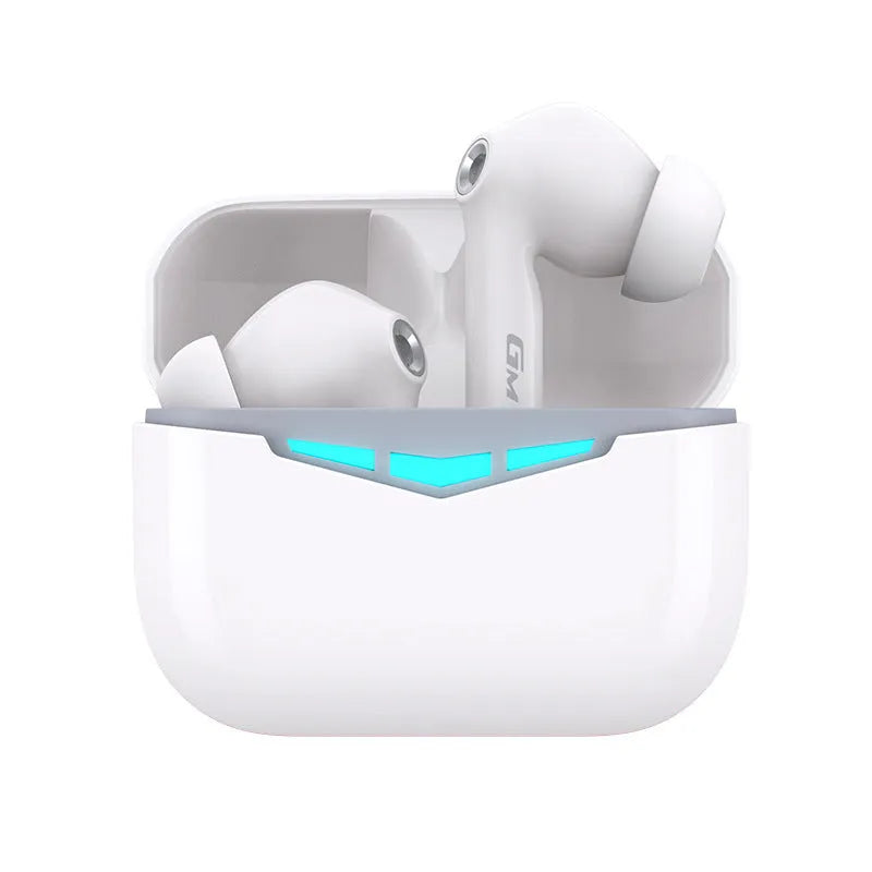 True wireless gaming Bluetooth headset with black earpieces, charging case, and three sizes of silicone earmuffs displayed