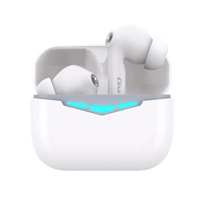 True wireless gaming Bluetooth headset with black earpieces, charging case, and three sizes of silicone earmuffs displayed