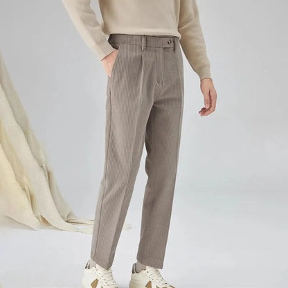 Men's straight-leg corduroy trousers in beige, black, and brown gray colours showing mid-waist and loose fit