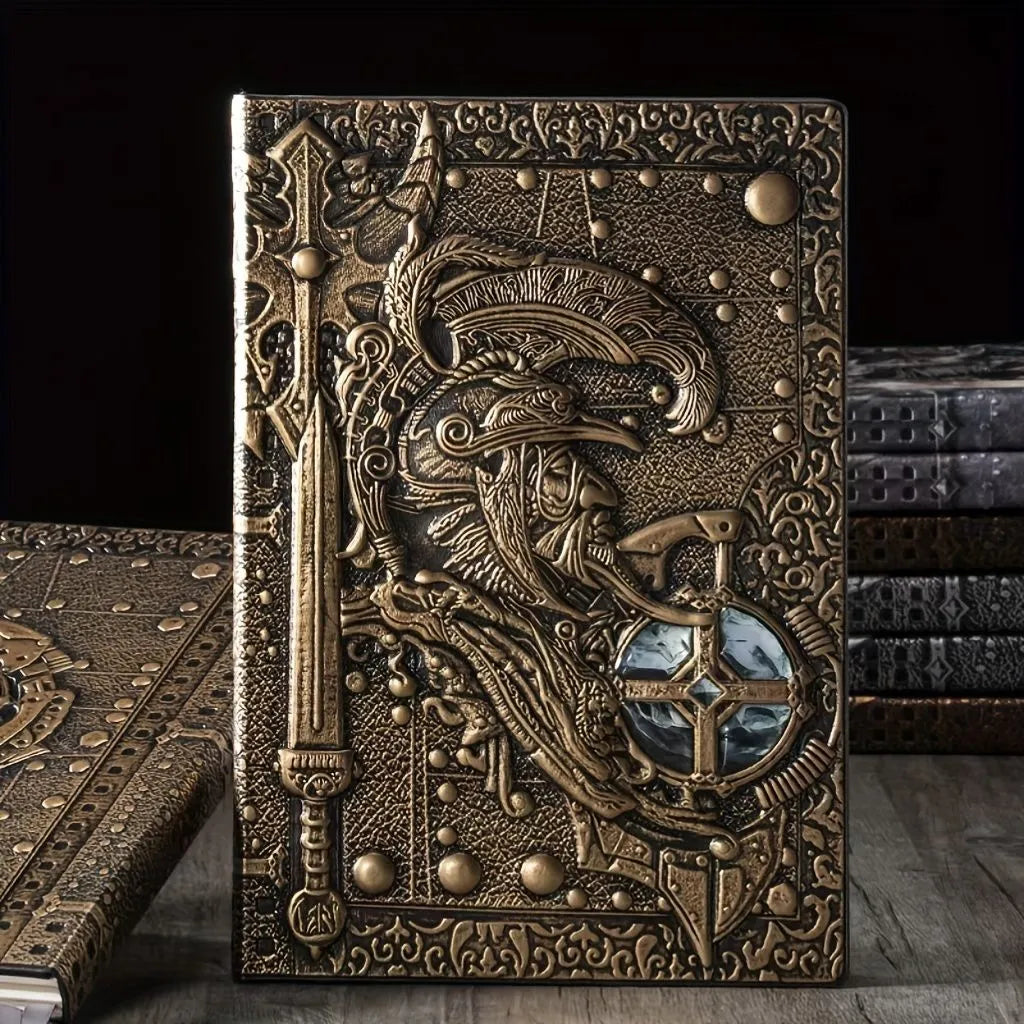 Handmade leather A5 notebook with 3D warriors relief embossing, showing bronze colour and open pages