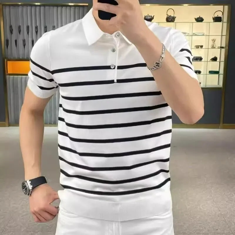 Striped Lapel Collar Knitted T-shirt with Lightly Mature Personality Style, Non-Iron Chemical Fibre Blend Fabric Pullover with V-Neck Detail in Black or White Youth Popularity Sizes