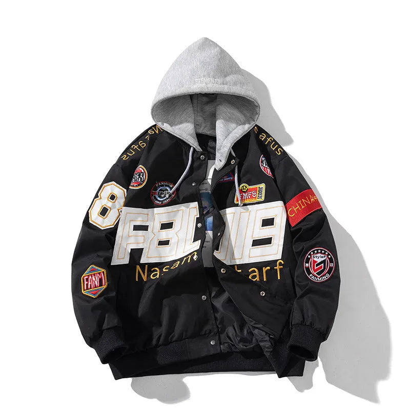 American motorcycle baseball uniform jacket with removable hood and side seam pockets in black colour