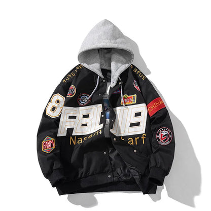 American motorcycle baseball uniform jacket with removable hood and side seam pockets in black colour