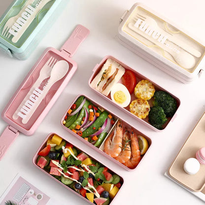 Wheat straw double-layer insulated lunch box in pink, green, and beige