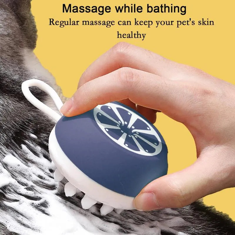 Blue, grey, and yellow 3-in-1 dog shampoo brush with massage points on a white background.