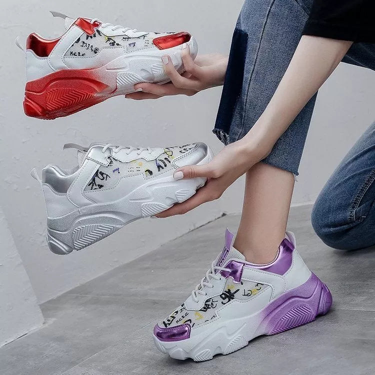 Light Sole Running Shoes in red, purple, and silver with breathable mesh design