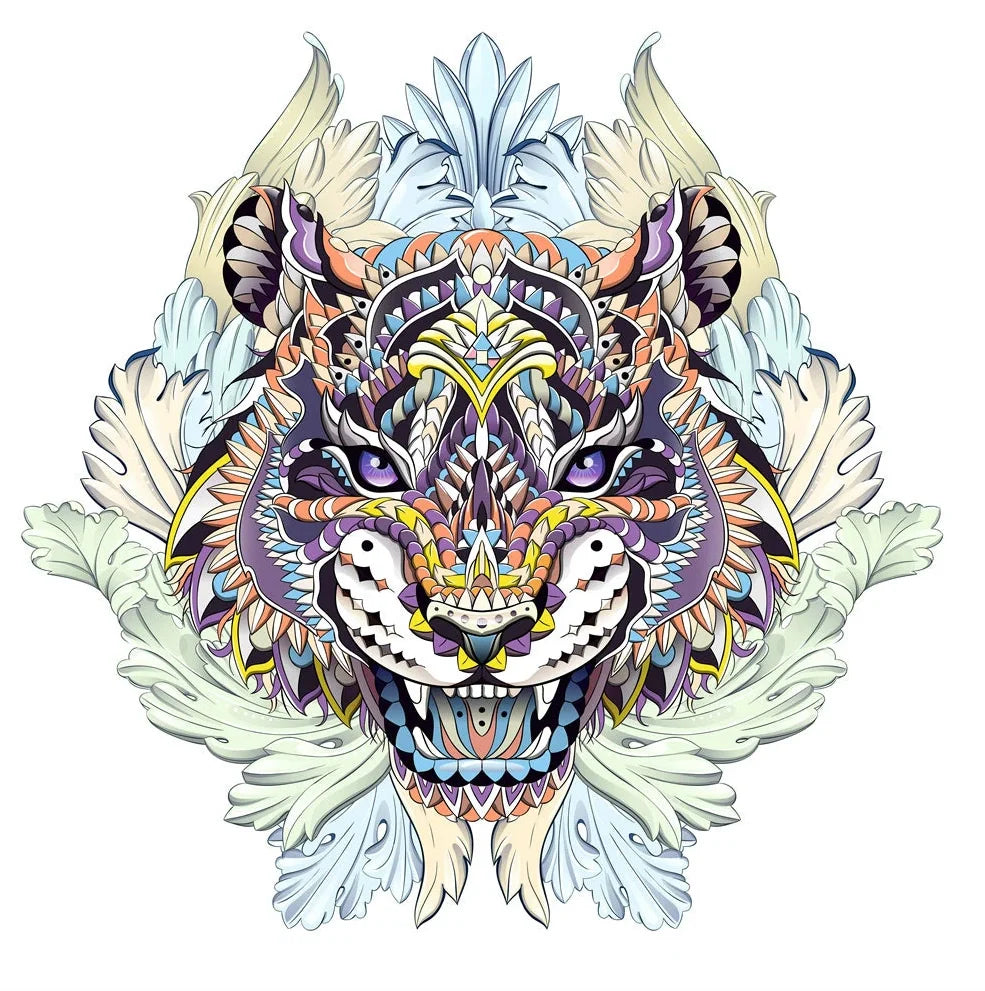 Wooden jigsaw puzzle with colourful elephant and turtle shaped pieces in A3, A4, A5 sizes