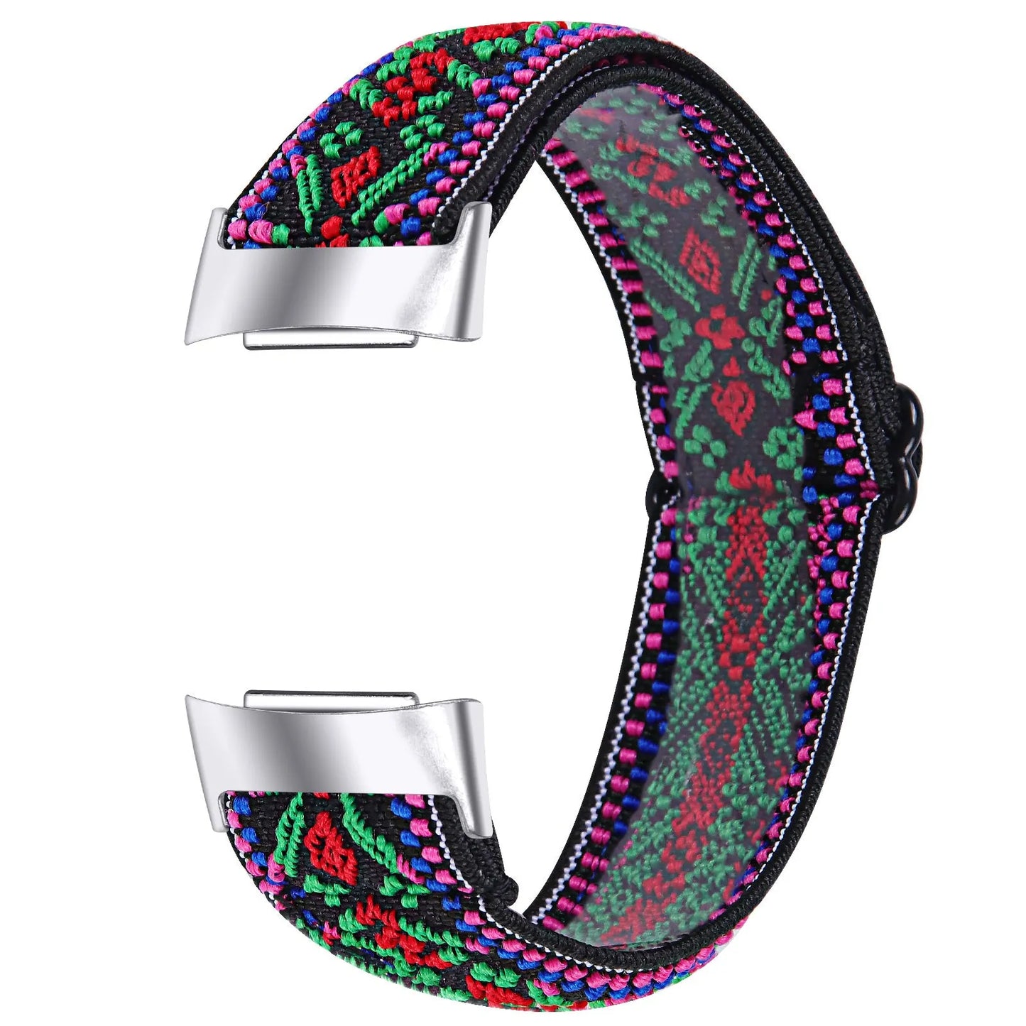 Printed elastic watch strap for Fitbit Charge 6 with adjustable sizing and multiple colour options