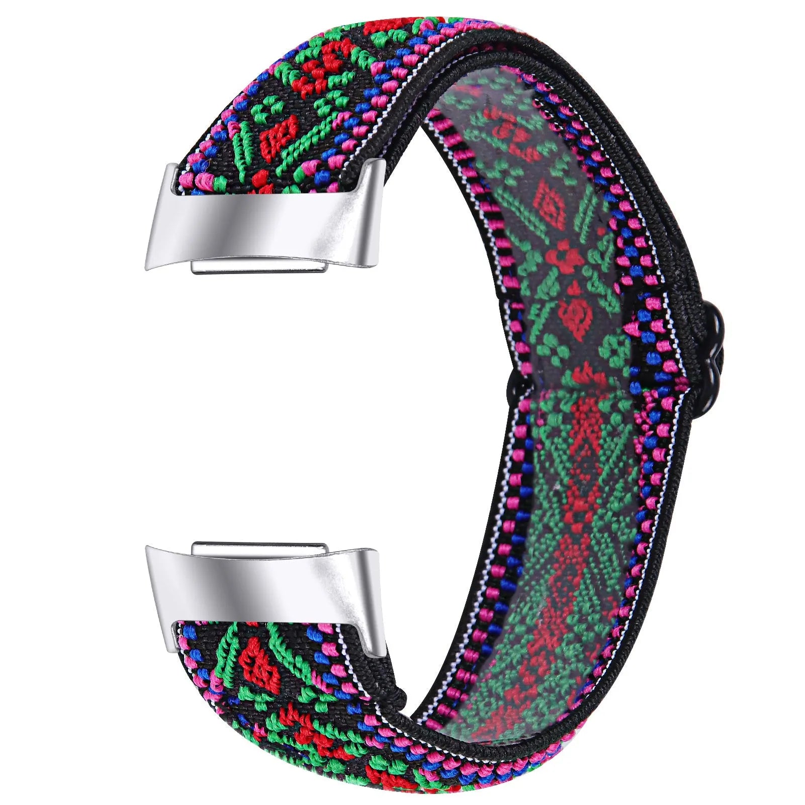 Printed elastic watch strap for Fitbit Charge 6 with adjustable sizing and multiple colour options