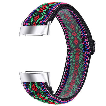 Printed elastic watch strap for Fitbit Charge 6 with adjustable sizing and multiple colour options