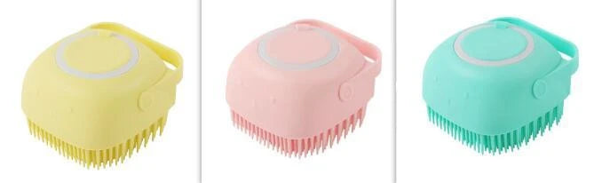 Silicone pet bath brush with shampoo dispenser, designed for gentle grooming and soothing massage