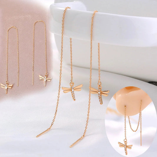 Gold Copper Dragonfly Earrings with Zircon Long Tassel - Unique Fashion Jewelry