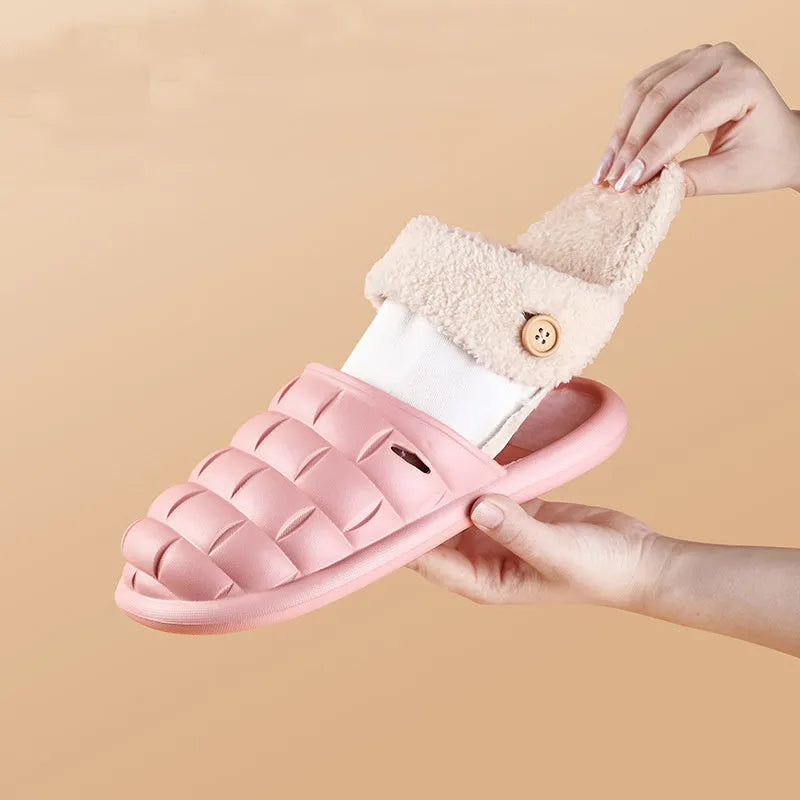 Plaid detachable slippers with EVA sole and plush lining in pink, green, yellow, white, grey, or black
