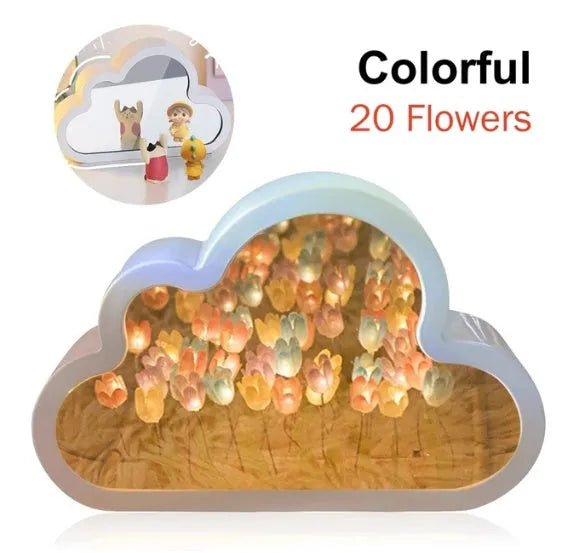 DIY tulip-shaped night lamp kit with LED lights and mirror surface in assorted colours on a desk.