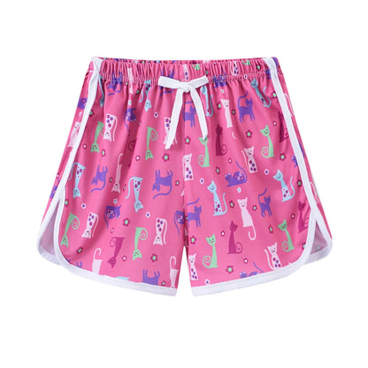Children's polyester beach shorts in multiple colours and patterns, including leopard print and stripes, shown on size chart.