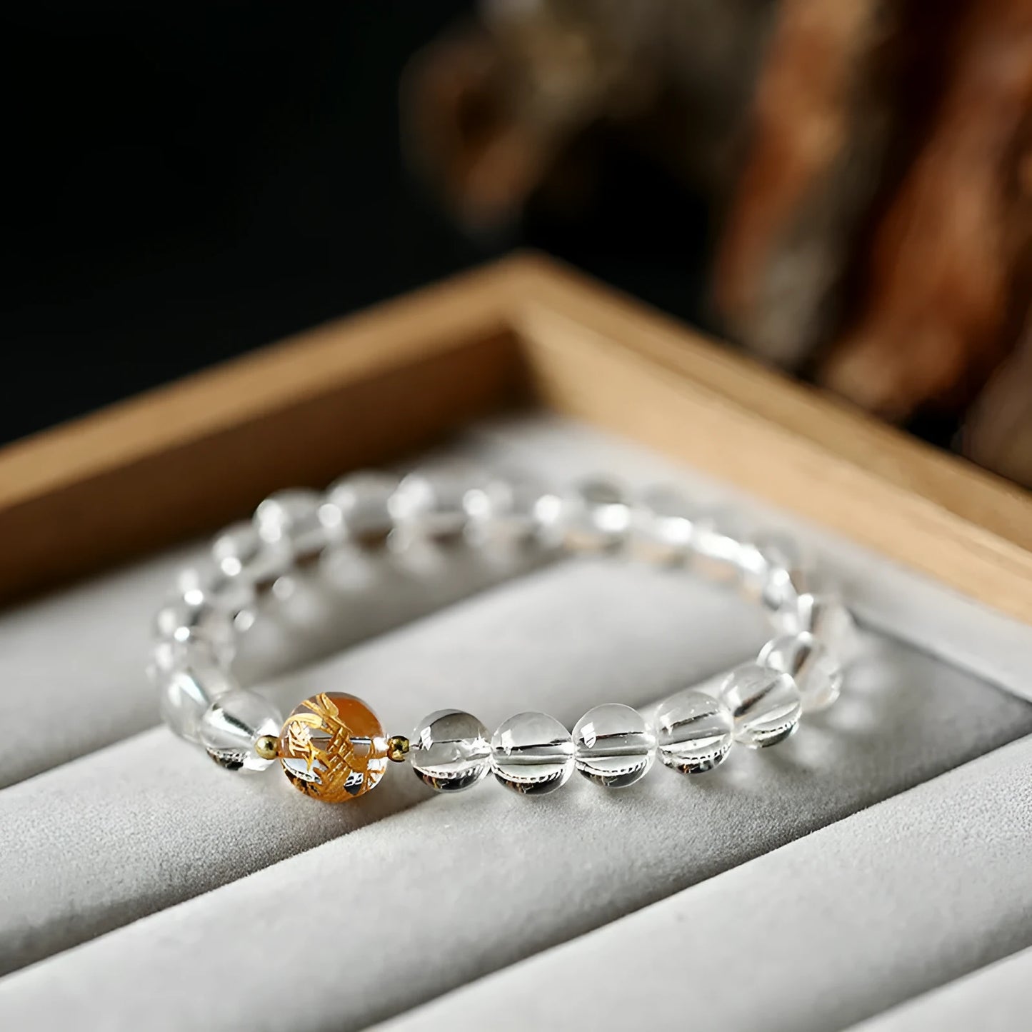 Geometric obsidian black agate white crystal bracelet with golden dragon charm on 14-16cm wrist