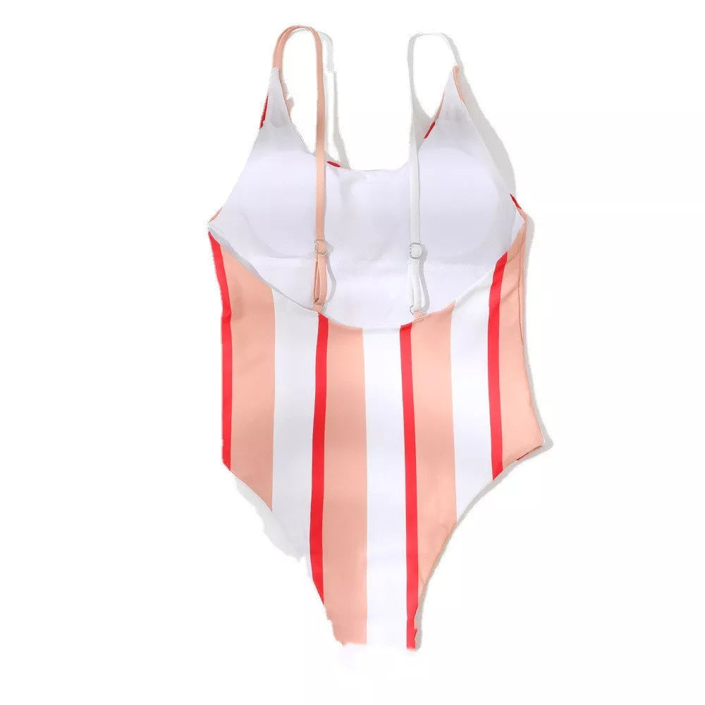 Women's pink striped one-piece swimsuit with quick-dry polyester fabric