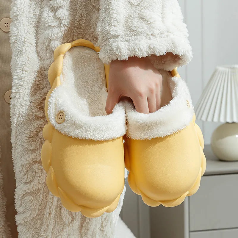 Waterproof EVA winter slippers with plush lining, detachable overshoes in pink, yellow, green, grey, black.