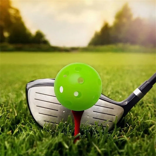 Multi-colour golf practice balls in red, orange, blue, green, white, and yellow, 42mm diameter, packed in a net pocket