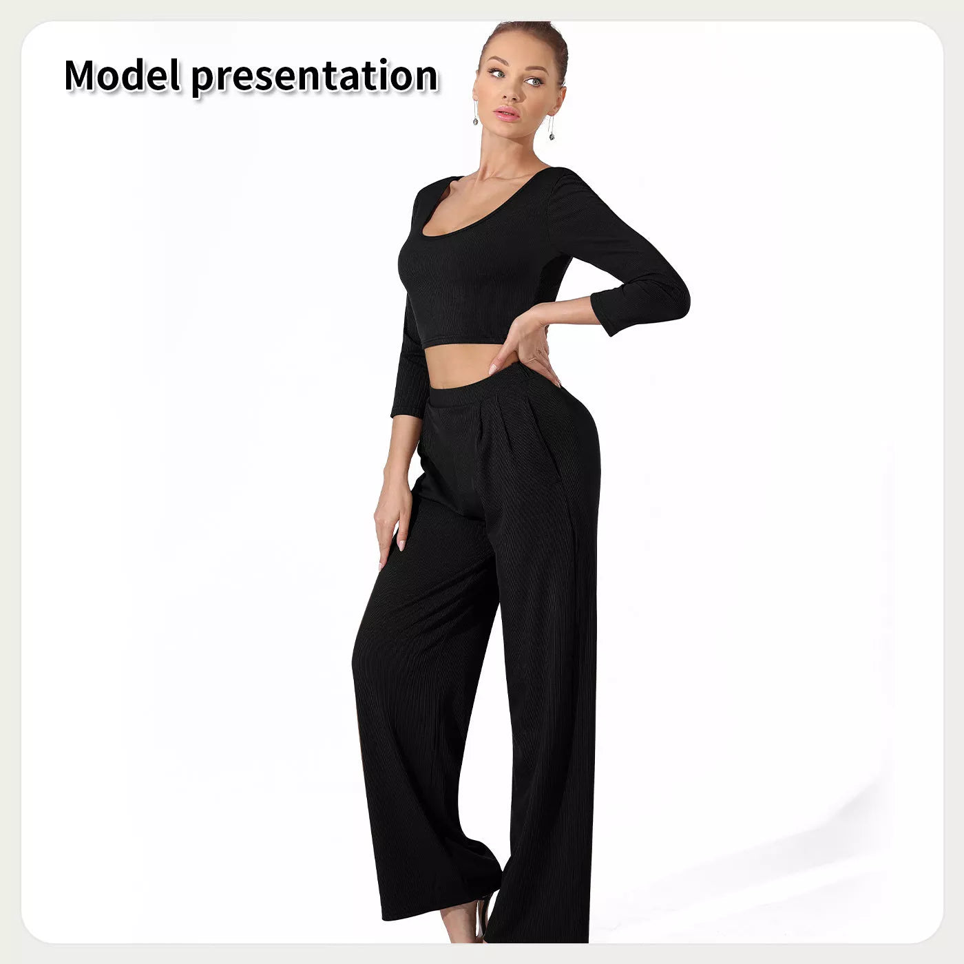 Women's solid color top and pants set in black or coffee, sizes S to 4XL