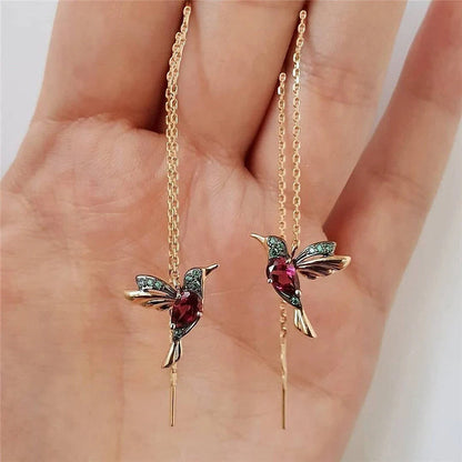 Hummingbird drop earrings with crystal pendant in rose gold, imitation gold, and anti-gold colors