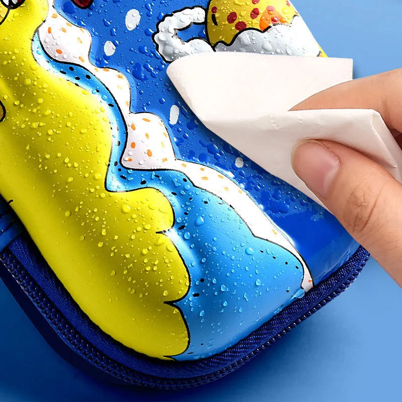 Leather 3D pencil case showing design themes: dinosaur, astronaut, mermaid, unicorn, and spaceship.