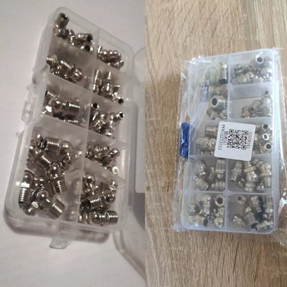 Nickel-plated iron grease nipple set with straight and curved nozzles for universal lubrication