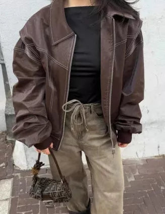 Women's loose fashion lapel zip-up jacket in chenille fabric with princess sleeves