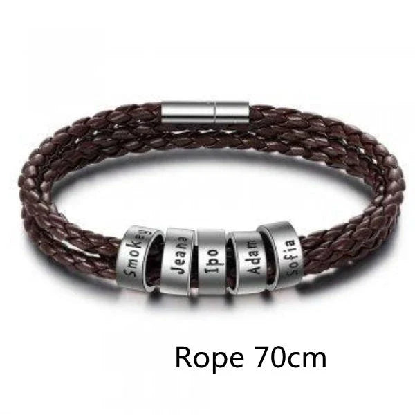 Personalized men's braided leather bracelet with stainless steel beads and custom name charm