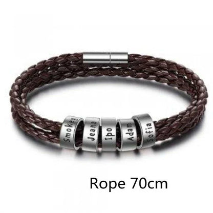 Personalized men's braided leather bracelet with stainless steel beads and custom name charm