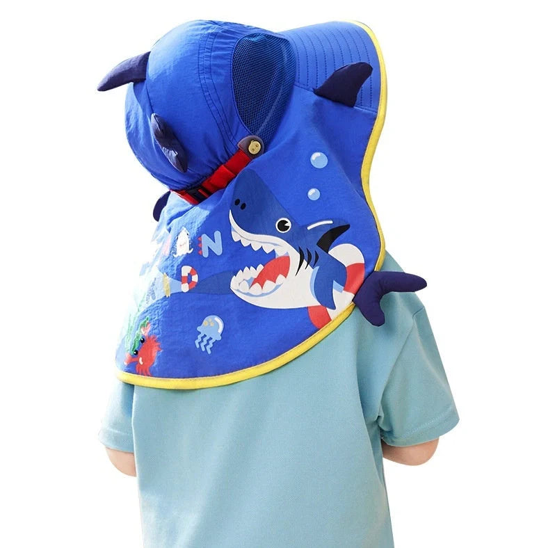 Yellow dinosaur pattern children's sun hat with wide brim for UV protection