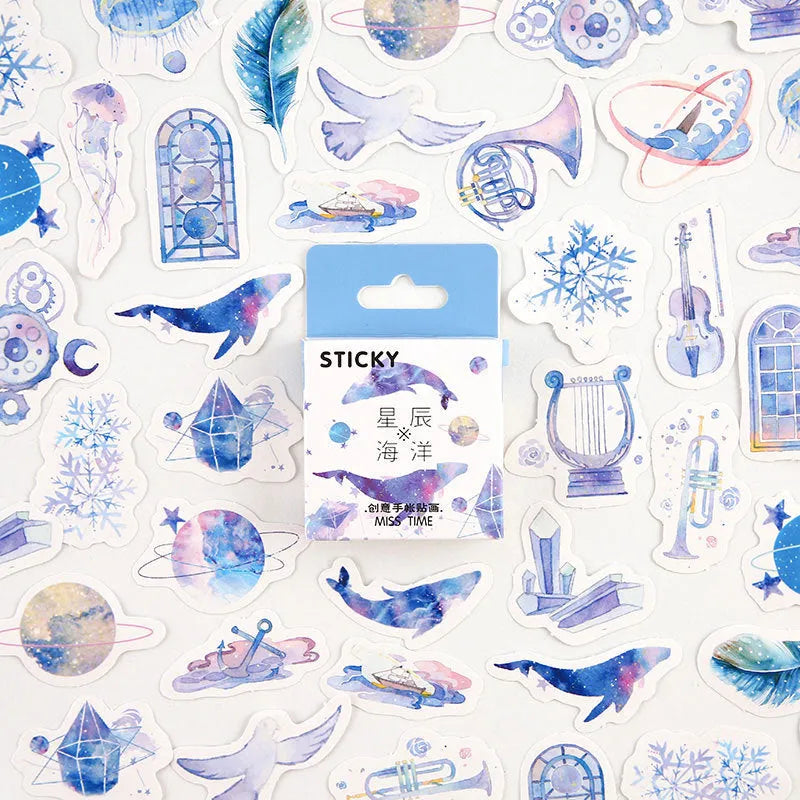 Set of 46 small decorative stickers with cartoon patterns for journal and scrapbook crafts