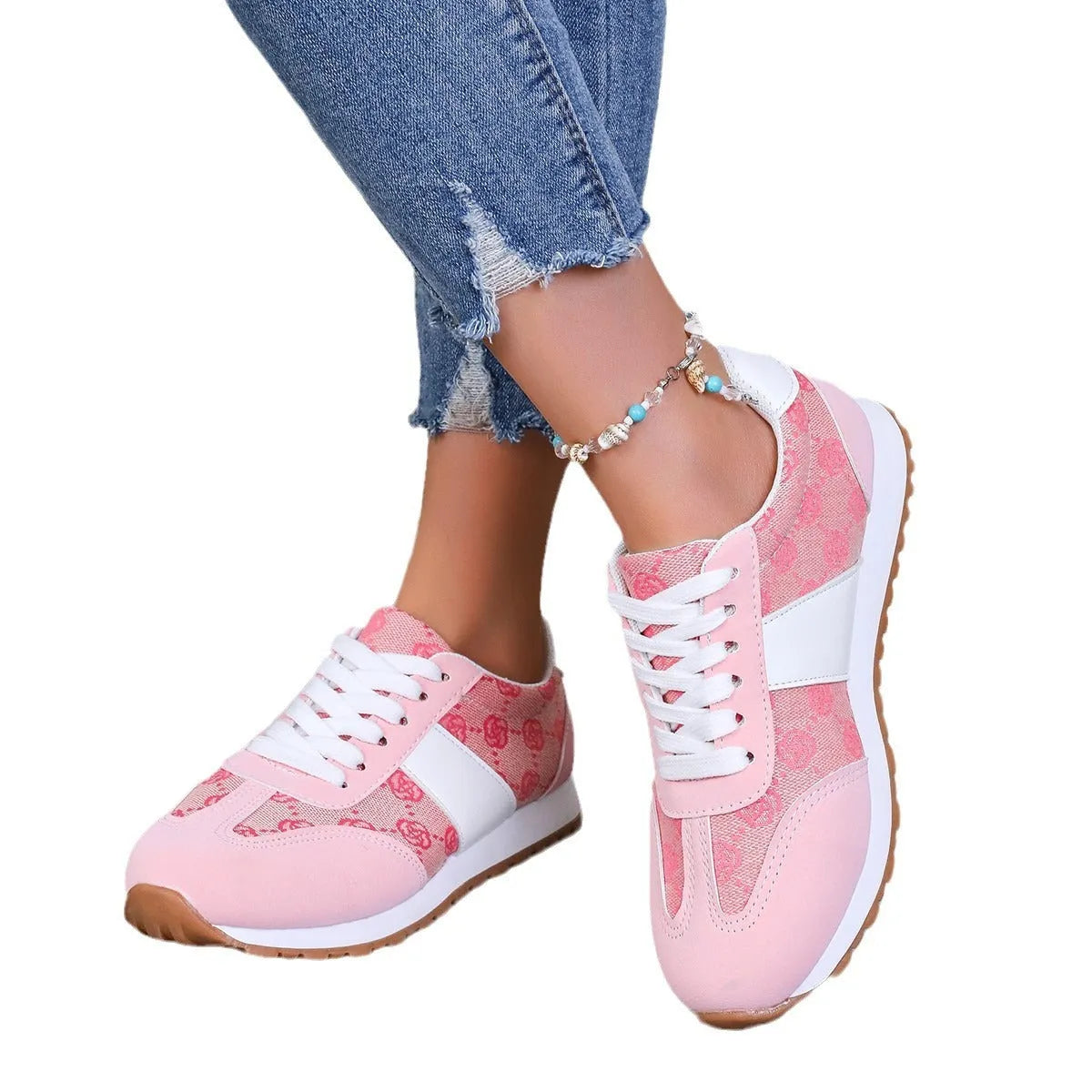 Women's khaki lace-up casual shoes with floral cross-strap design and shallow mouth