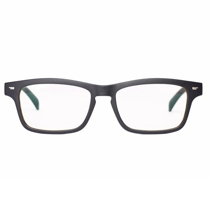 Smart glasses with semi-open Bluetooth audio, anti-blue light lenses, and IPX7 waterproof rating on a person