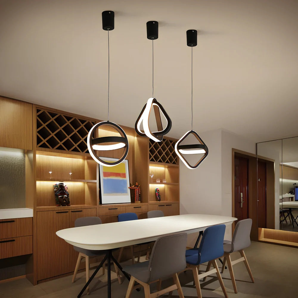 Nordic iron pendant lamp in black circle shape, 210mm diameter, adjustable 1m height with LED white light for bedroom