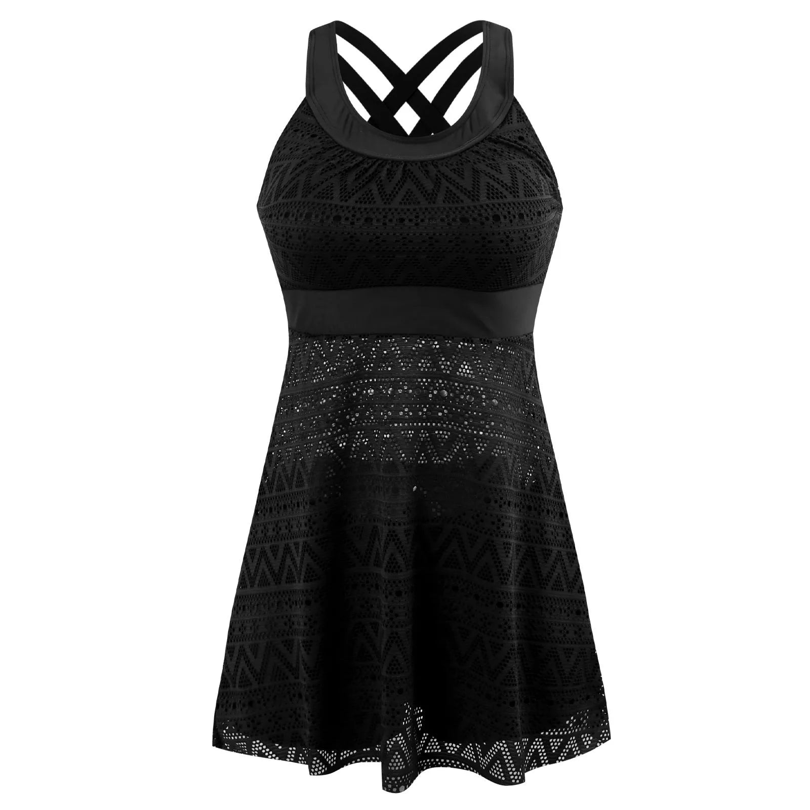 Conservative black ladies split swimsuit with slim-fit briefs style on a mannequin.