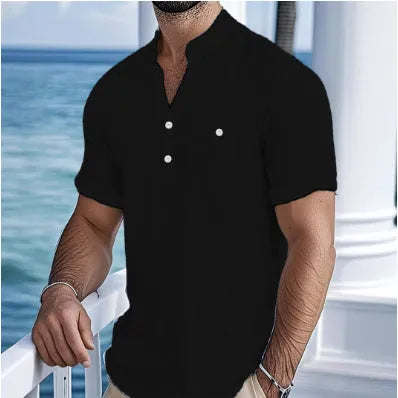 Stand collar linen T-shirt for men in loose pullover style with short sleeves, showing hemp-blended fabric texture