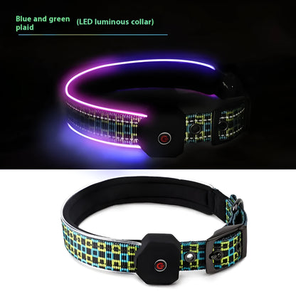 Blue and green plaid LED luminous dog collar with reflective stripe and USB charging cable