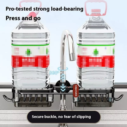 Aluminum sink faucet storage rack with rotatable design and towel hook