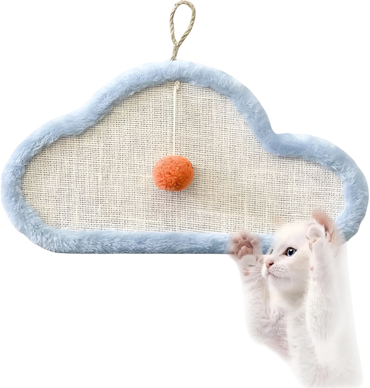 White wall-mounted cat scratching mat with sleeping cat cartoon design, made from natural sisal.
