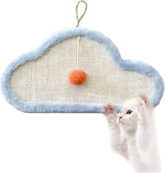 White wall-mounted cat scratching mat with sleeping cat cartoon design, made from natural sisal.