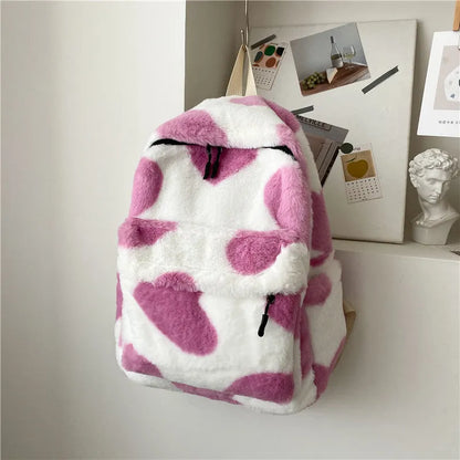 Furry plush backpack with heart pattern and three-dimensional outer pocket in khaki, green, black, pink or briquette