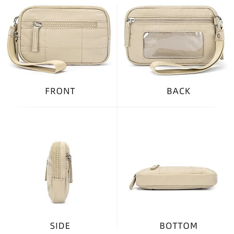 Waterproof quilted women's handbag with transparent deck in beige colour