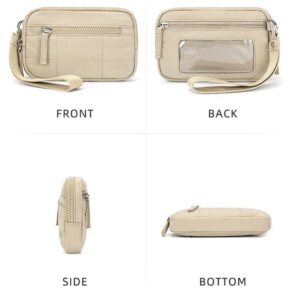 Waterproof quilted women's handbag with transparent deck in beige colour