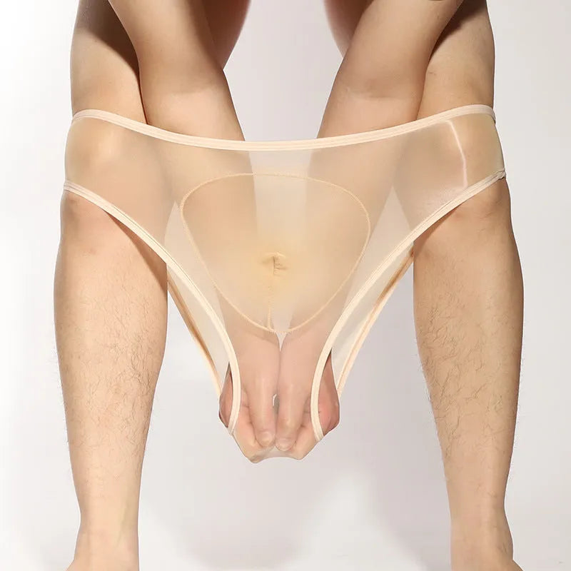 Men's shiny transparent nylon briefs with bullet separation design in multiple colours