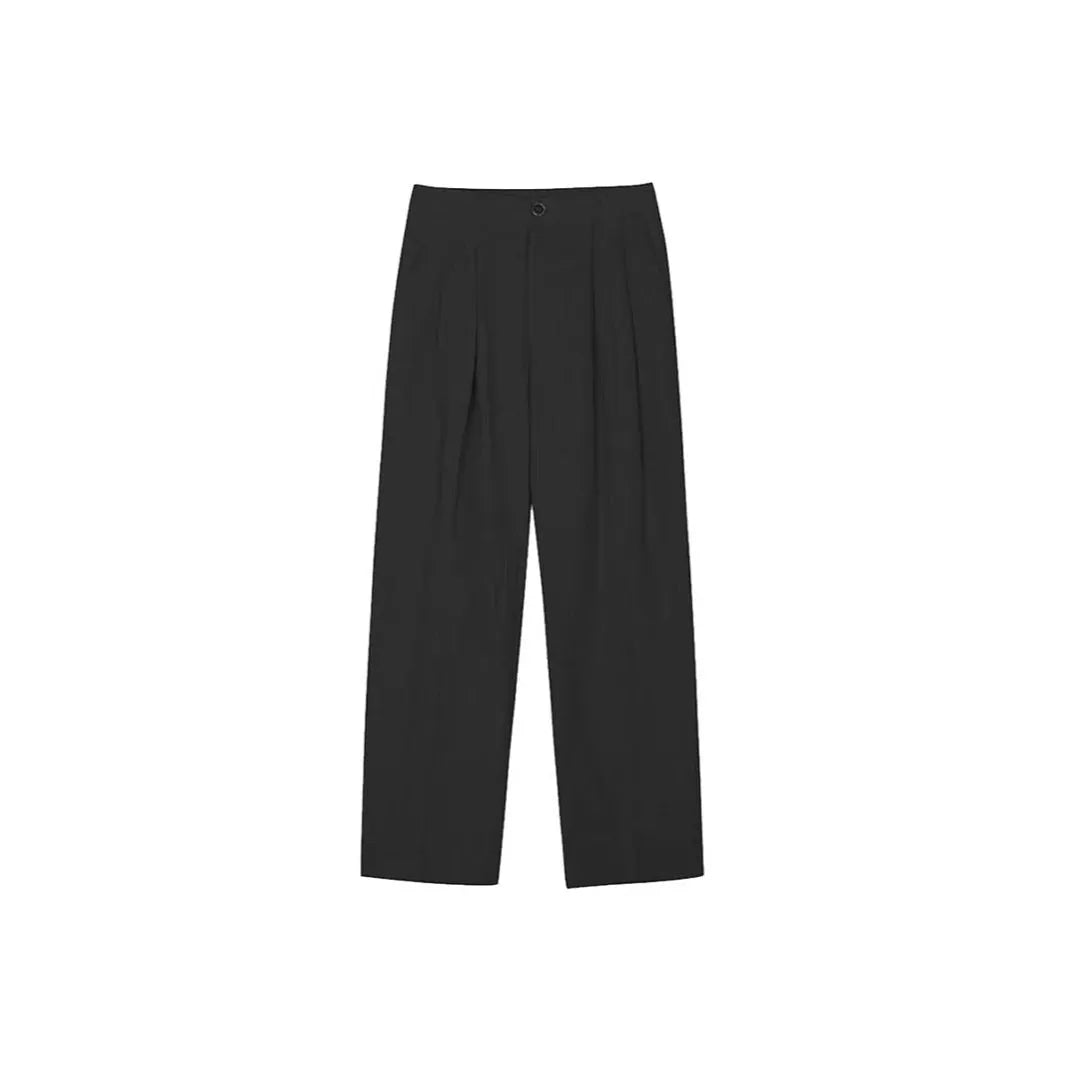 Men's apricot cotton linen trousers with elastic waistband and pencil leg opening on hanger
