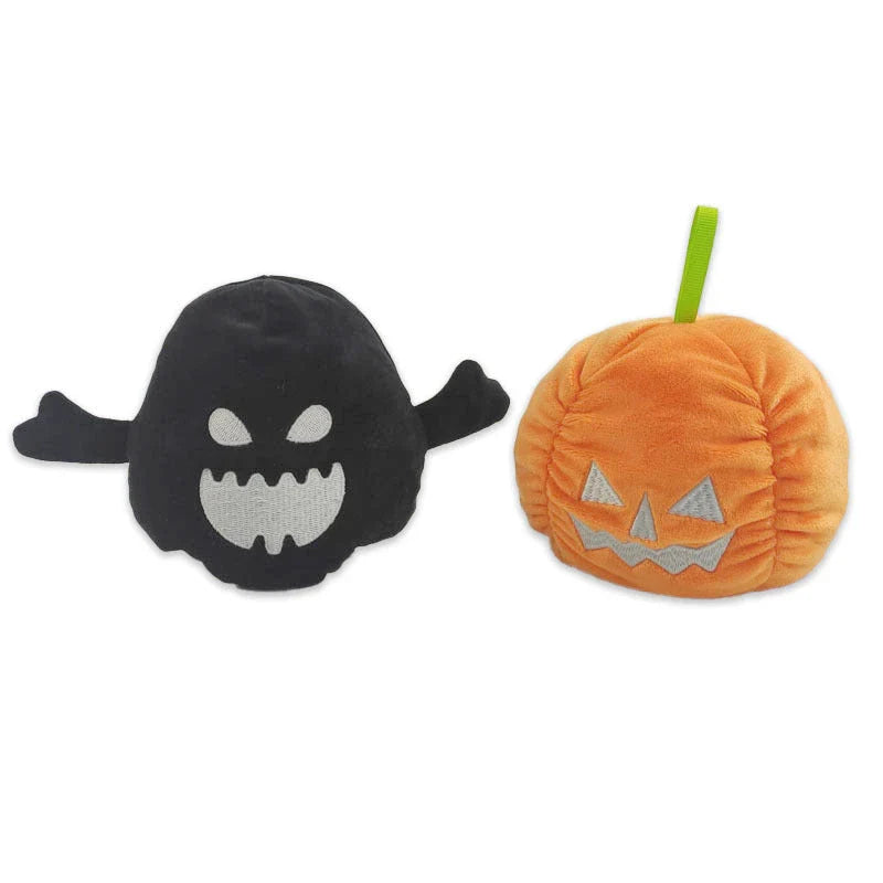 Reversible Halloween plush toys with glow-in-the-dark ghost and pumpkin designs that can switch between happy and angry moods