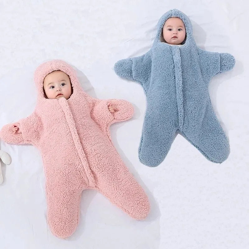 Baby sleeping bag for winter newborn 0-6 months, lambswool velvet outer and cotton lining baby quilt swaddle, zip closure with cuffs for baby's hands, starfish print, warm baby outing sleep sack in pink grey blue or khaki