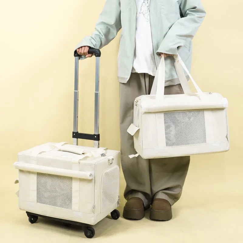Pet Trolley Double-Deck Bus Luggage Cat Bag Portable Nylon Pet Carrier with Wheels 18L Capacity Solid Colour Medium-Soft Hardness for Cats and Small Pets in Brown Green White Yellow